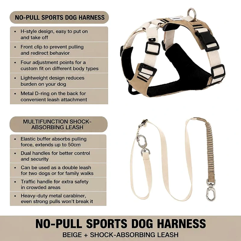 beige-no-pull-sports-dog-harness No Pull Dog Harness Set | Escape-Proof Adjustable Dog Harness