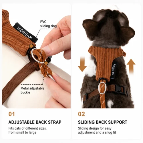 cat-harness-adjustable-back-strap Escape Proof Cat Harness & Leash Set – Soft Corduroy Adjustable Walking Harness