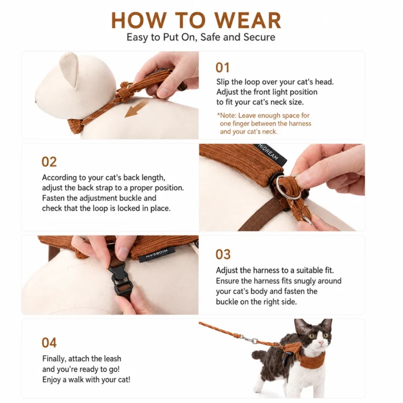 cat-harness-how-to-wear-guide Escape Proof Cat Harness & Leash Set – Soft Corduroy Adjustable Walking Harness