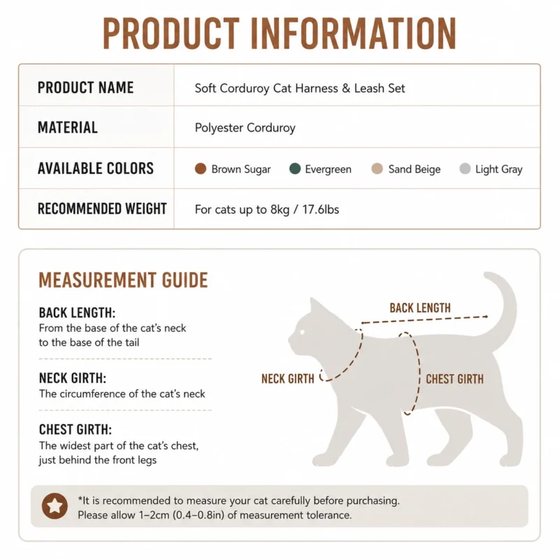 cat-harness-product-information-size-chart Escape Proof Cat Harness & Leash Set – Soft Corduroy Adjustable Walking Harness