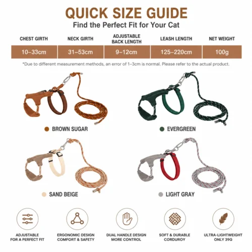 cat-harness-size-guide Escape Proof Cat Harness & Leash Set – Soft Corduroy Adjustable Walking Harness