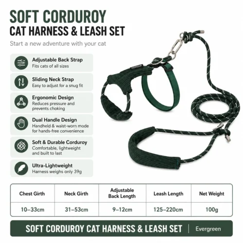evergreen-corduroy-cat-harness Escape Proof Cat Harness & Leash Set – Soft Corduroy Adjustable Walking Harness