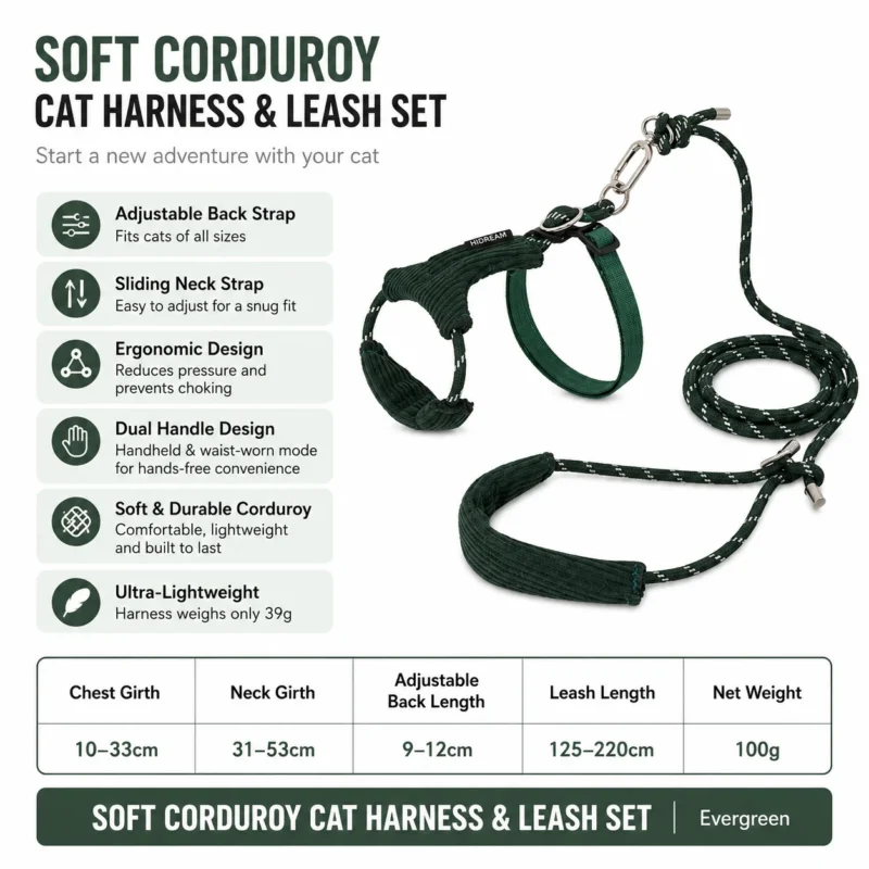 evergreen-corduroy-cat-harness Escape Proof Cat Harness & Leash Set – Soft Corduroy Adjustable Walking Harness