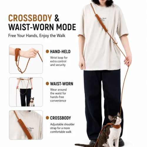 hands-free-cat-leash-crossbody-mode Escape Proof Cat Harness & Leash Set – Soft Corduroy Adjustable Walking Harness