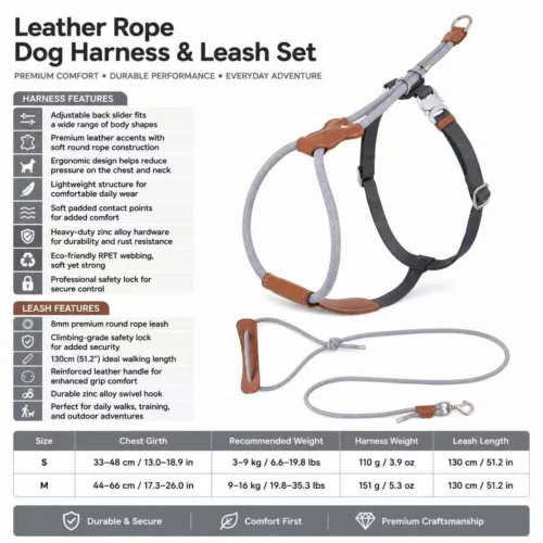 leather-rope-dog-harness-leash-set-gray Escape Proof Dog Harness | Secure Adjustable Fit