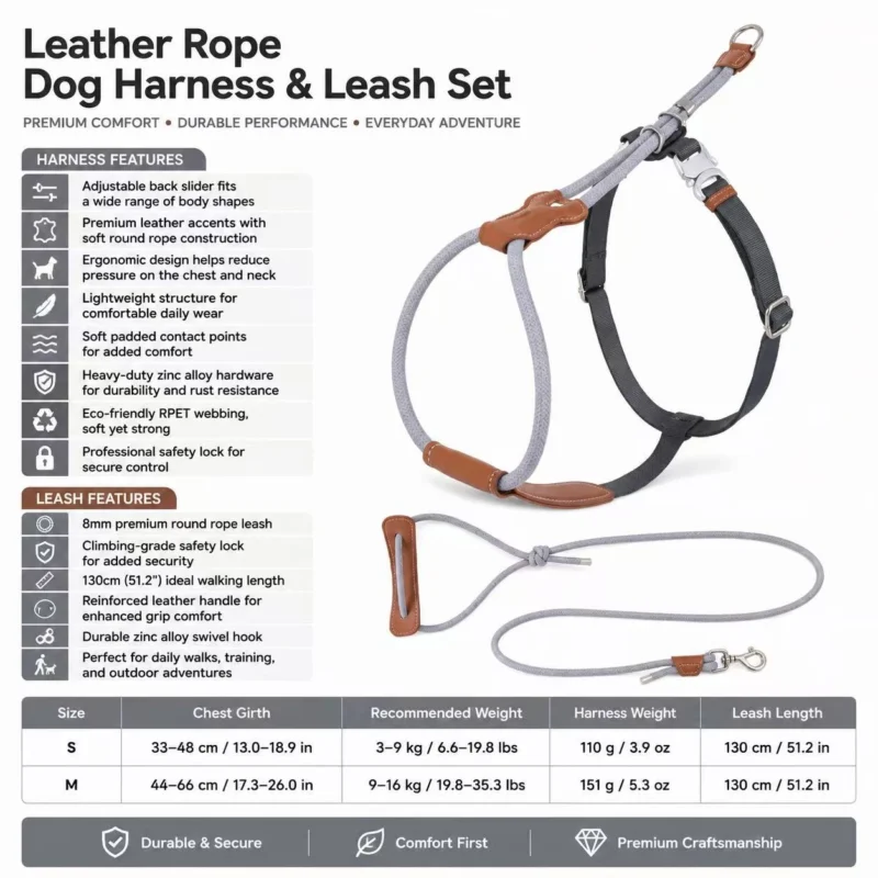 leather-rope-dog-harness-leash-set-gray Escape Proof Dog Harness | Secure Adjustable Fit