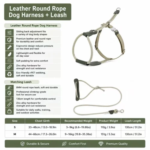 leather-rope-dog-harness-leash-set-sage-green Escape Proof Dog Harness | Secure Adjustable Fit