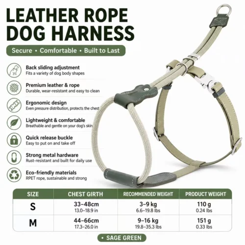 leather-rope-dog-harness-sage-green-size-chart Escape Proof Dog Harness | Secure Adjustable Fit