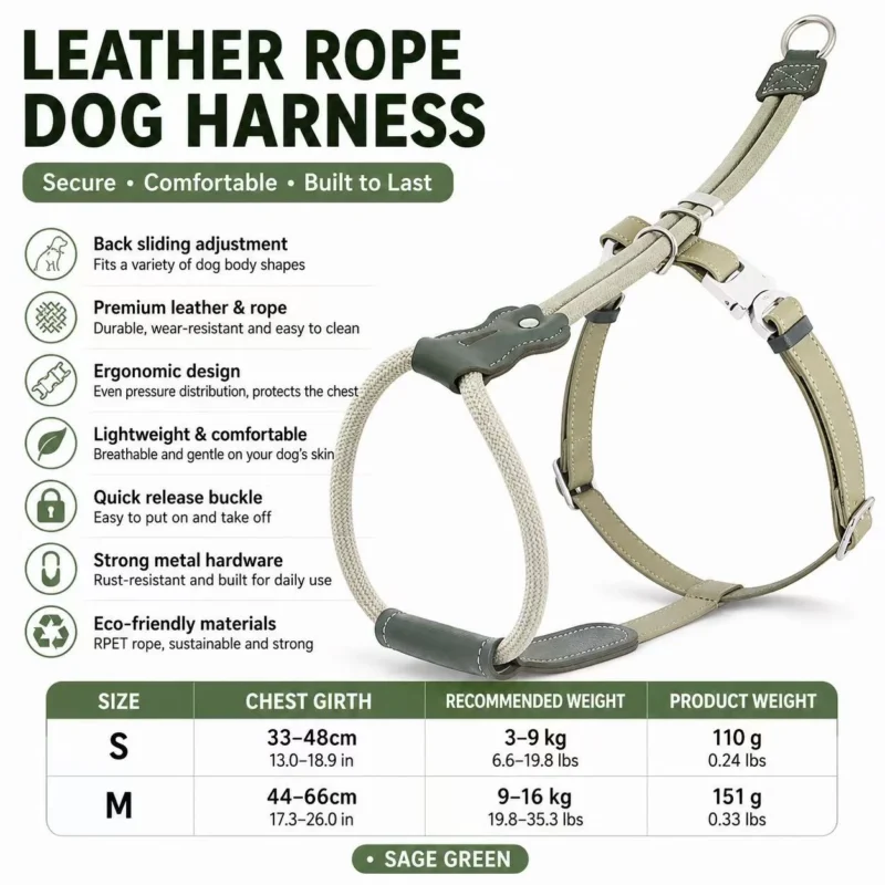 leather-rope-dog-harness-sage-green-size-chart Escape Proof Dog Harness | Secure Adjustable Fit