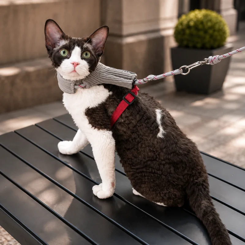 light-gray-cat-harness-outdoor-bench Escape Proof Cat Harness & Leash Set – Soft Corduroy Adjustable Walking Harness