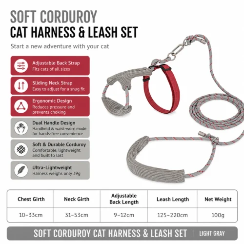 light-gray-corduroy-cat-harness Escape Proof Cat Harness & Leash Set – Soft Corduroy Adjustable Walking Harness