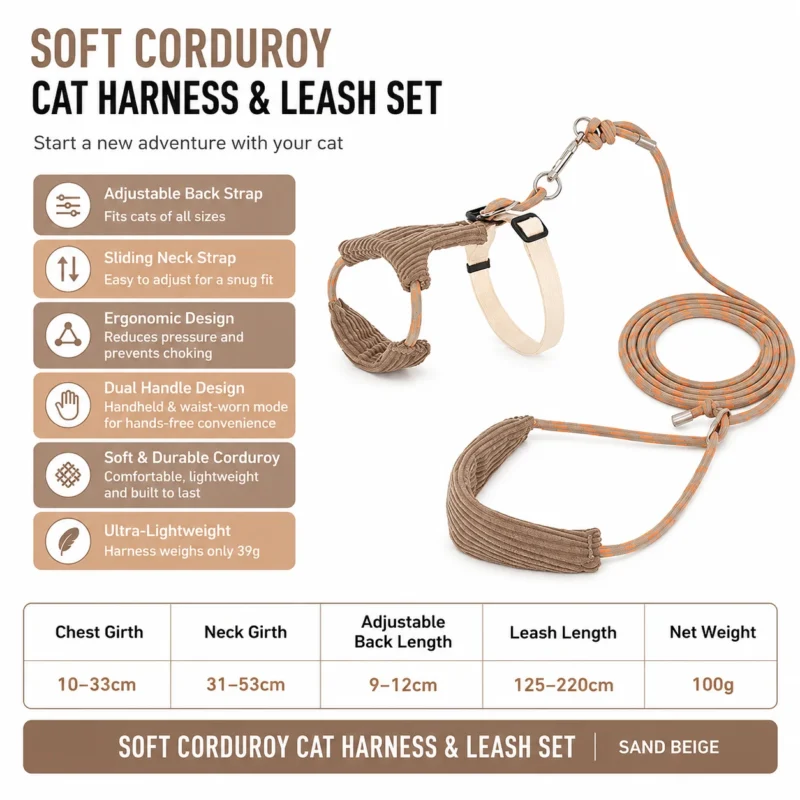 sand-beige-cat-harness-specifications Escape Proof Cat Harness & Leash Set – Soft Corduroy Adjustable Walking Harness
